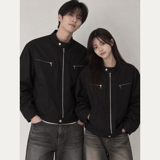 스탠드넥 더블버클 데님 자켓